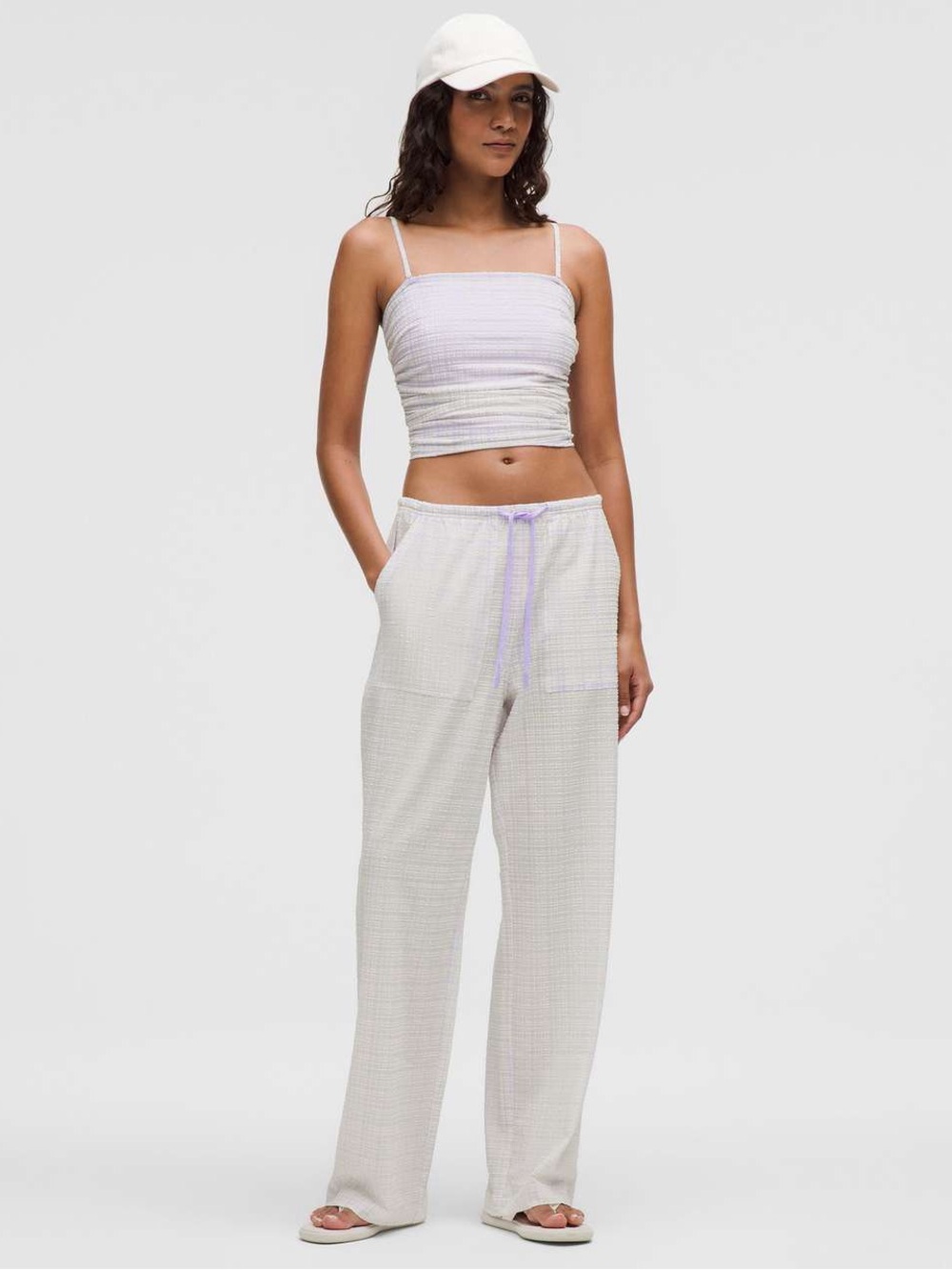 Lululemon Seersucker Check Mid-Rise Pull On Pants in Butter Cream Lavender Frost